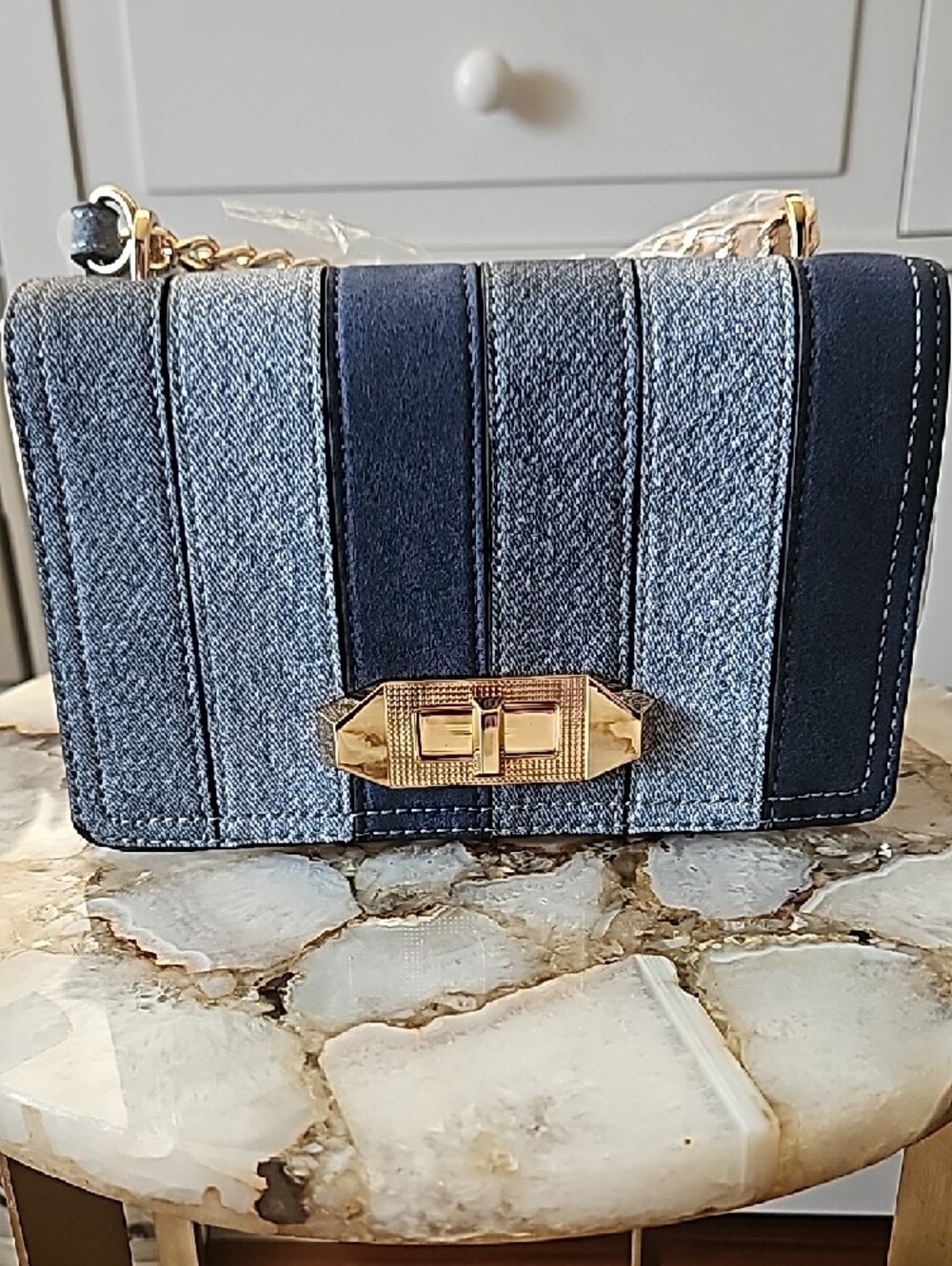 Aldo Striped Denim Panel Crossbody in Mixed Blues with Gold Hardware - Picture 7 of 7